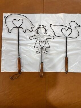 Vintage Lot of 3 Metal Rug Beaters Wood Handles Pig Duck Girl Wall Decor Rustic